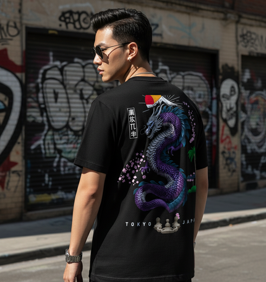 "The Sovereign Serpent" - Black T-Shirt with Japanese Dragon Back Print