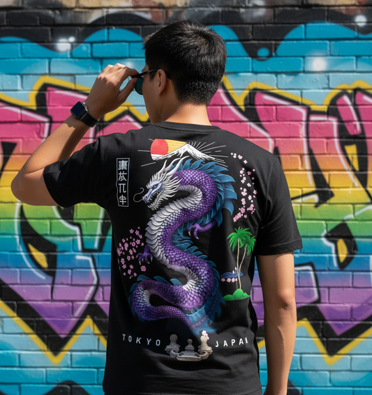 "The Sovereign Serpent" - Black T-Shirt with Japanese Dragon Back Print