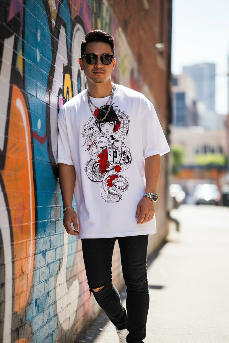 "Dragon Blossom Oversized Tee: Embrace the Spirit of the Serpent Empress"