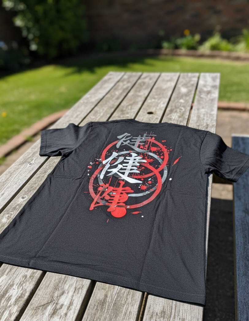 Black t-shirt with red and white graphic design on a wooden table outdoors