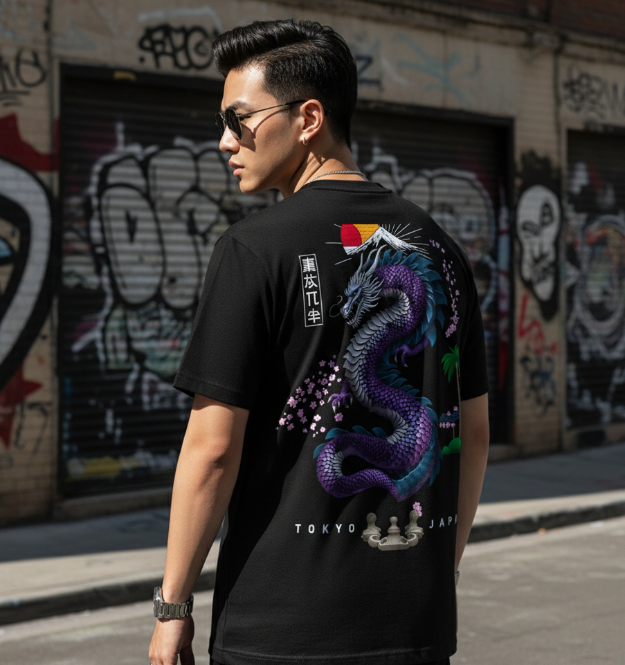 "The Sovereign Serpent" - Black T-Shirt with Japanese Dragon Back Print