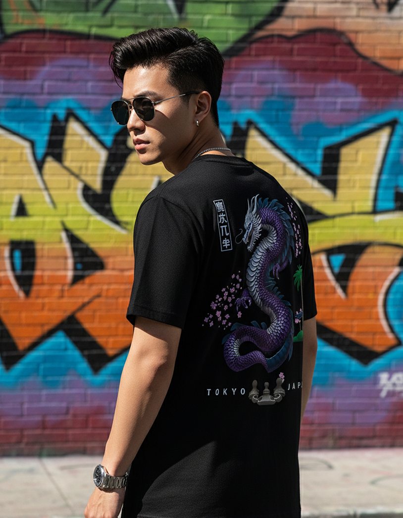 "The Sovereign Serpent" - Black T-Shirt with Japanese Dragon Back Print