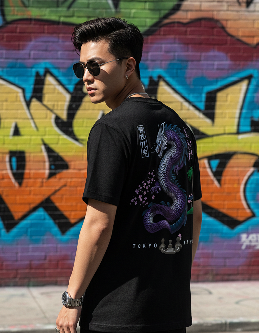 "The Sovereign Serpent" - Black T-Shirt with Japanese Dragon Back Print