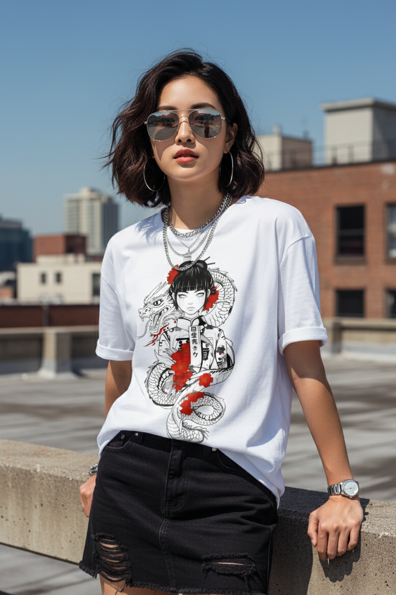 "Dragon Blossom Oversized Tee: Embrace the Spirit of the Serpent Empress"