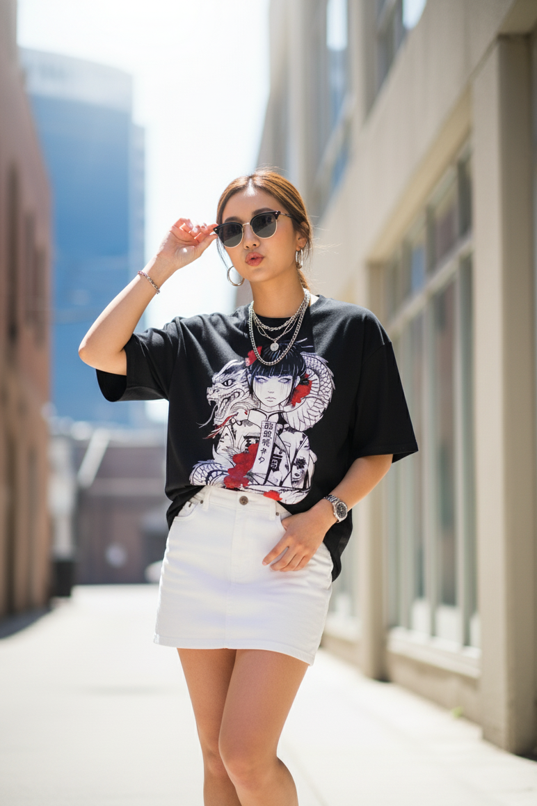 "Dragon Blossom Oversized Tee: Embrace the Spirit of the Serpent Empress"